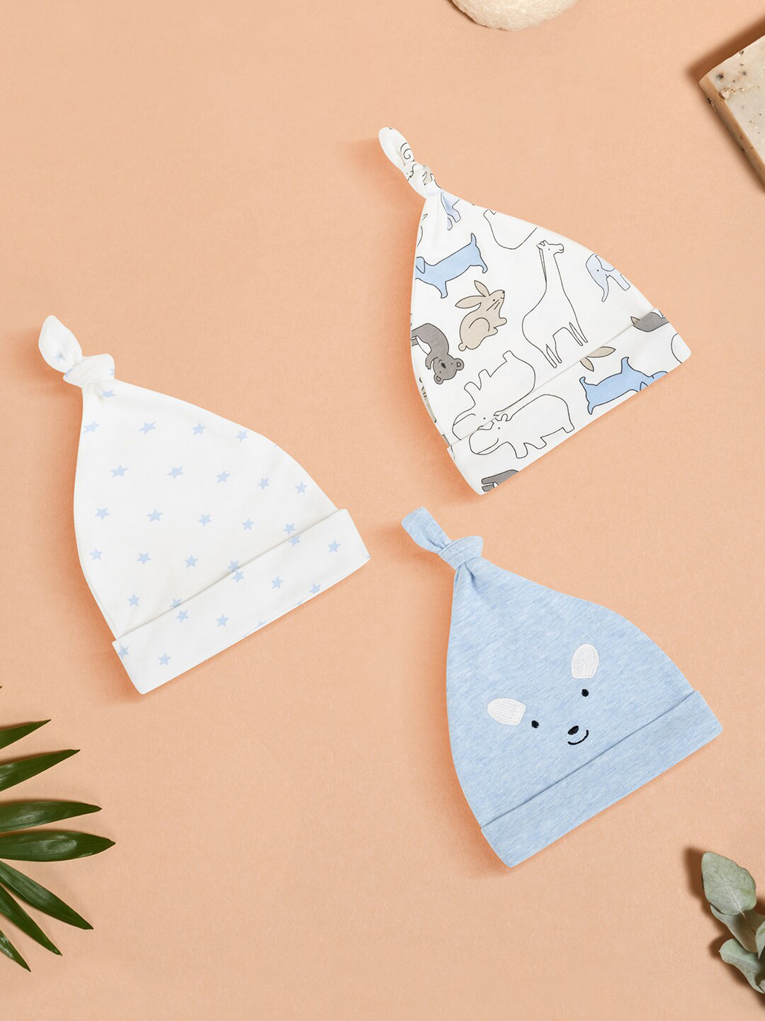 

Baby Moo Infant Pack of 3 Printed Pure Cotton Beanie, Cream