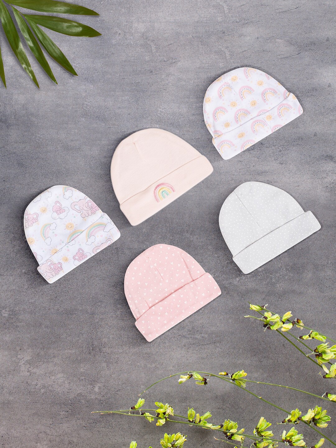 

Baby Moo Infant Girls Pack of 5 Printed Pure Cotton Beanie, Pink
