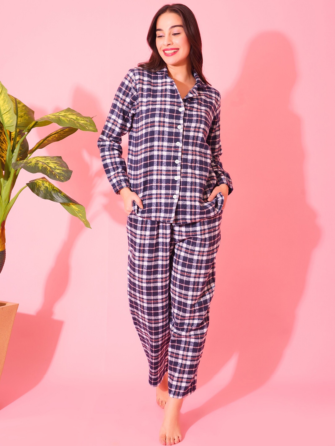 

DEBONATELLA Checked Lapel Collar Woollen Cotton Shirt With Pyjamas, Blue