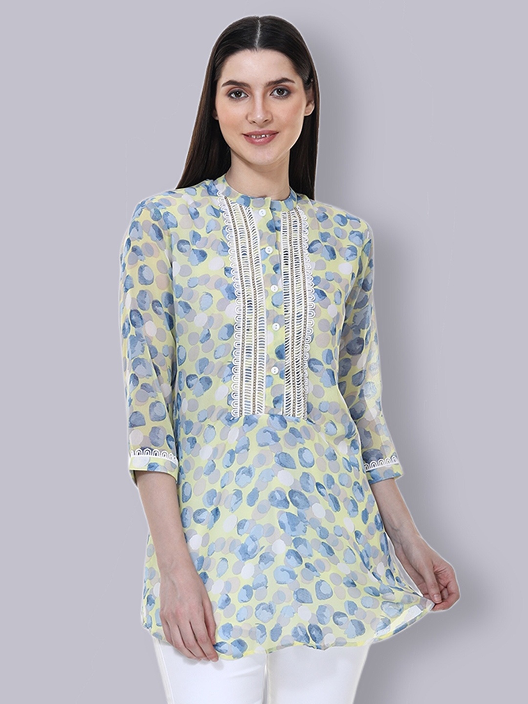 

TSM Geometric Printed Mandarin Collar Inserts Tunic, Yellow