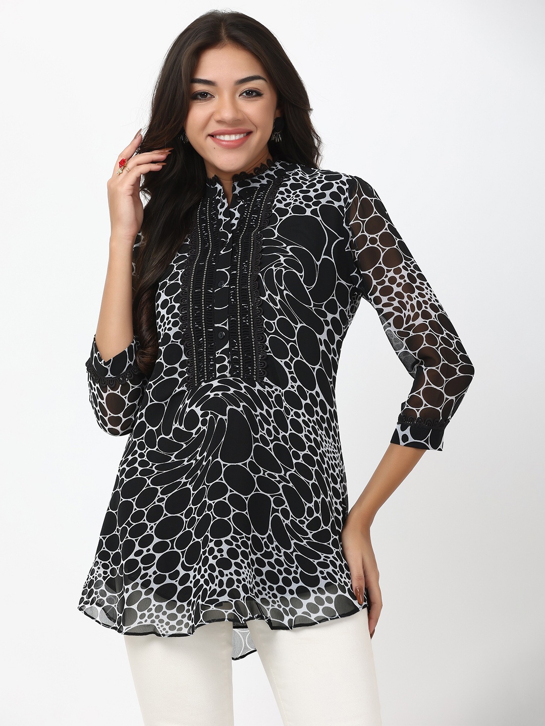 

TSM Abstract Printed Mandarin Collar Chiffon Lace Tunic, Black