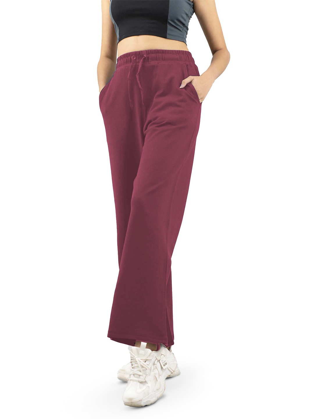 

IMPERATIVE Women Relaxed Flared High-Rise Pure Cotton Track Pant, Maroon