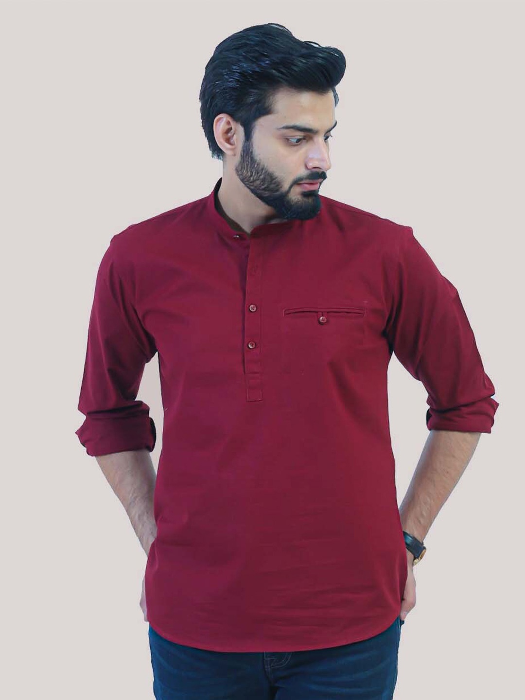 

BLUEBIRD Mandarin Collar Full Sleeves Cotton Casual Pathani Short Kurta, Maroon