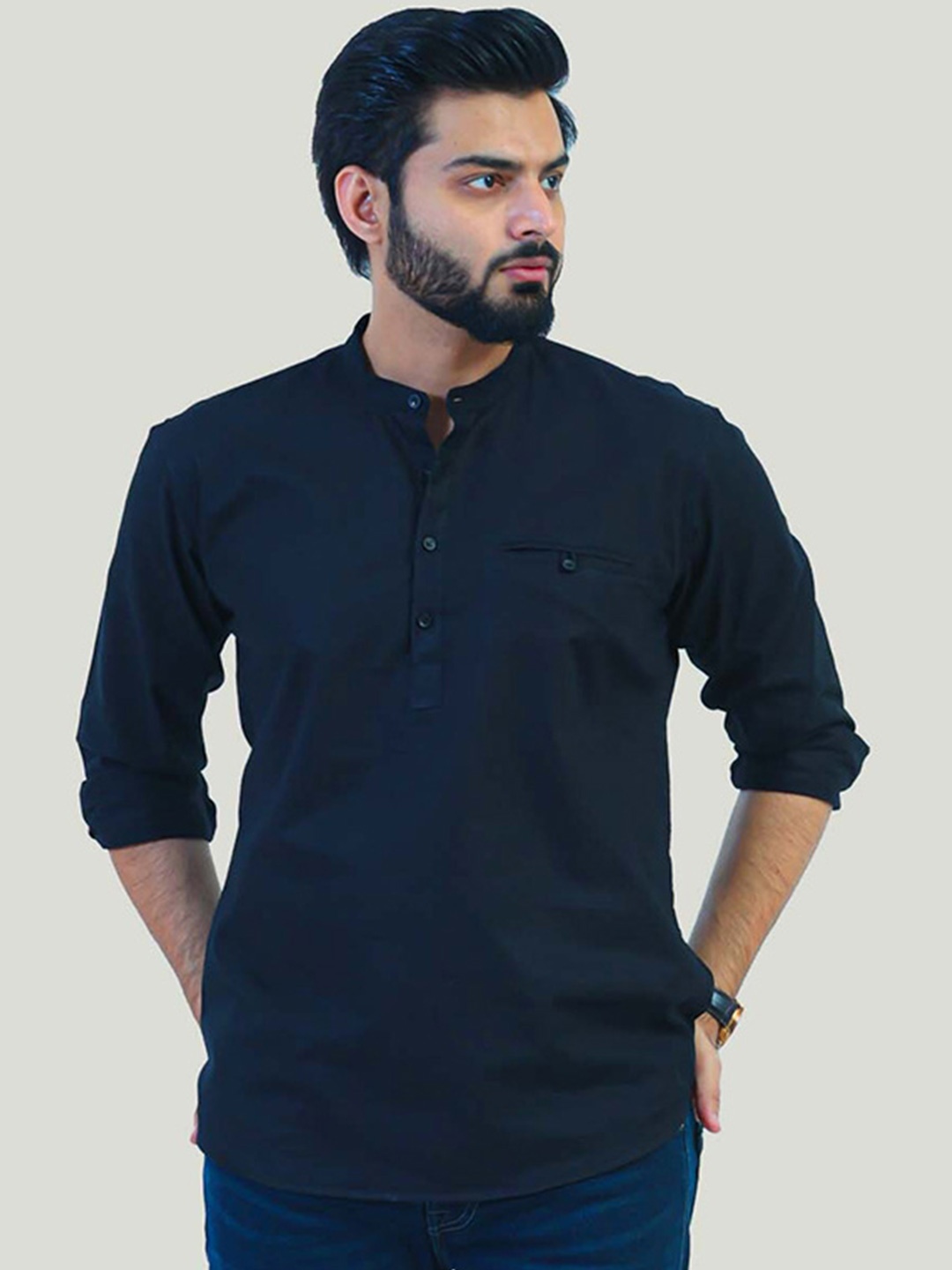 

BLUEBIRD Cotton Mandarin Collarr Thread Work Straight Kurta, Black