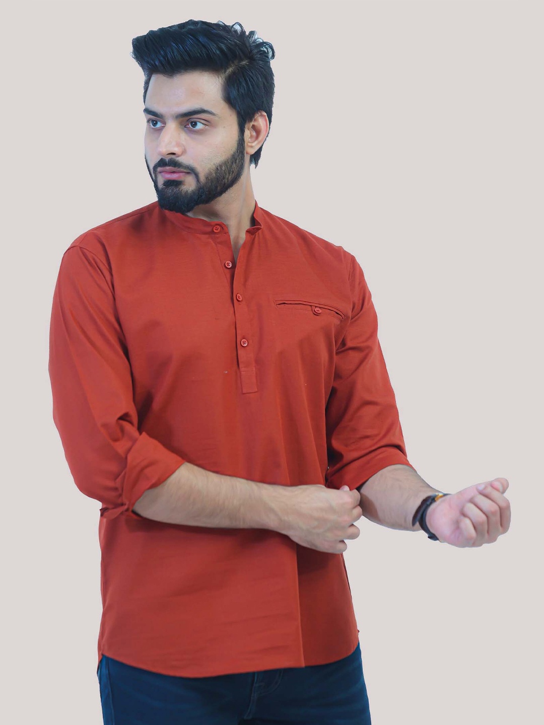 

BLUEBIRD Cotton Mandarin Collar Thread Work Straight Kurta, Red