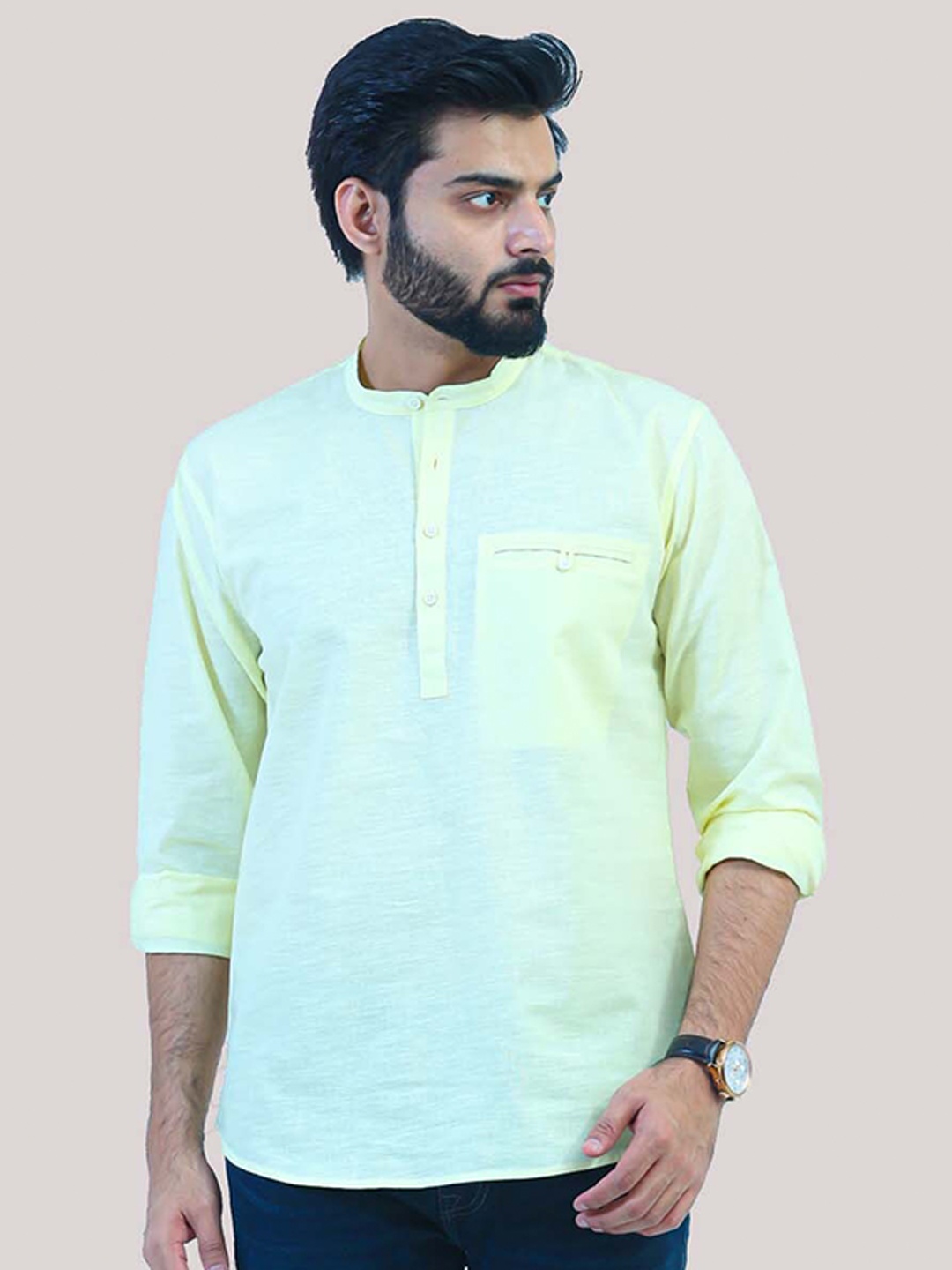 

BLUEBIRD Mandarin Collar Full Sleeves Cotton Casual Pathani Short Kurta, Yellow