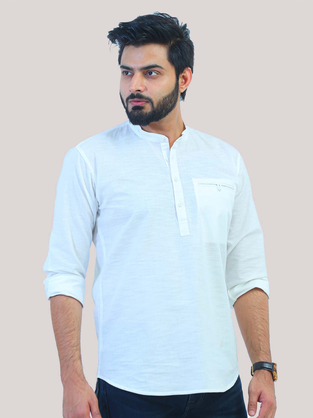 

BLUEBIRD Mandarin Collar Full Sleeves Cotton Casual Pathani Short Kurta, White