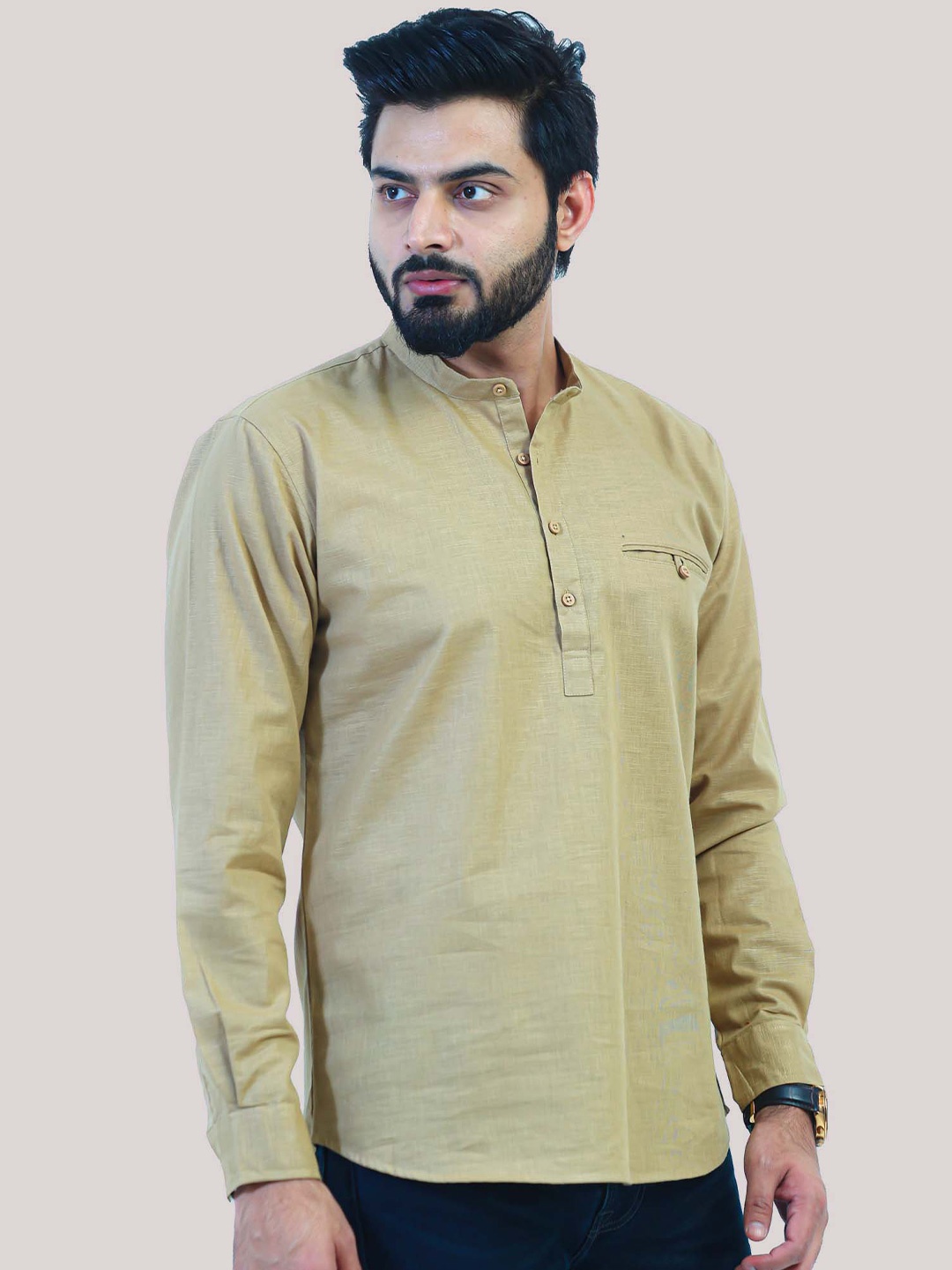 

BLUEBIRD Cotton Shirt Collar Straight Kurta, Brown