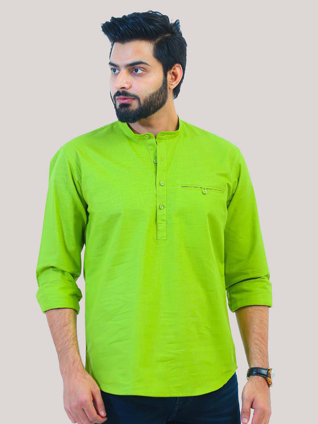 

BLUEBIRD Cotton Mandarin Collar Thread Work Straight Kurta, Green