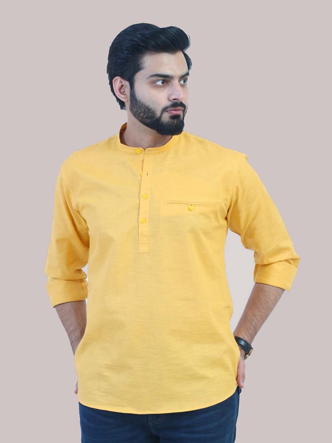 

BLUEBIRD Cotton Mandarin Collar Straight Kurta, Yellow