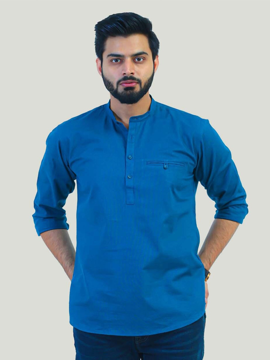 

BLUEBIRD Mandarin Collar Full Sleeves Cotton Casual Pathani Short Kurta, Blue