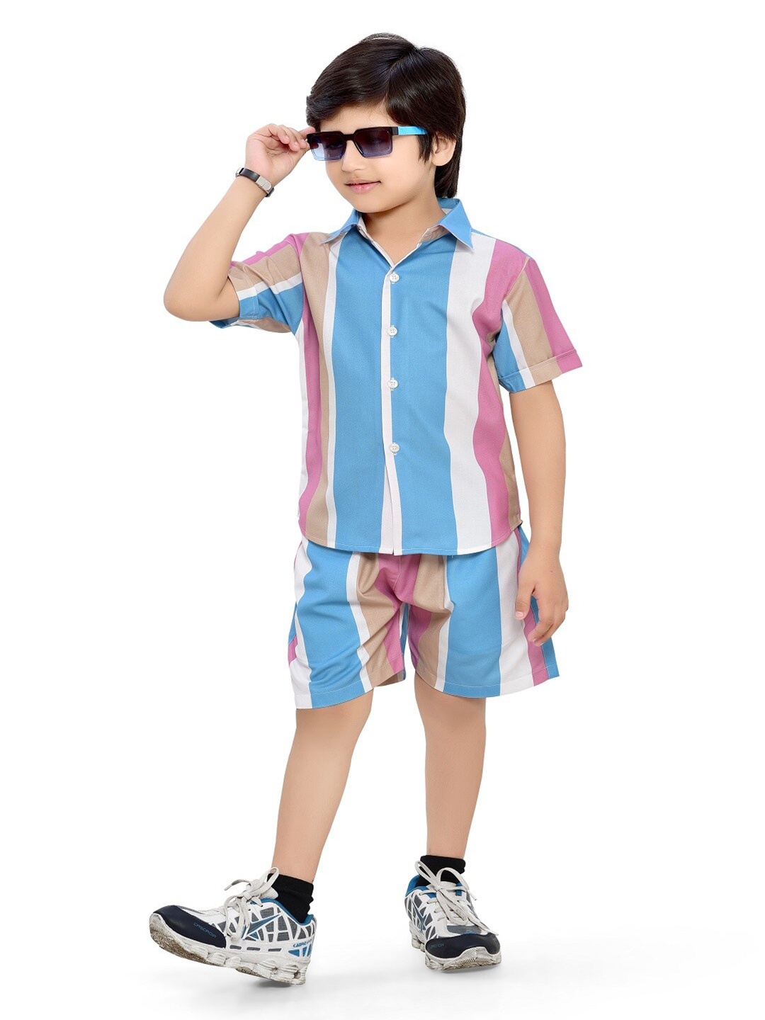 

BAESD Boys Striped Pure Cotton Shirt & Shorts, Blue