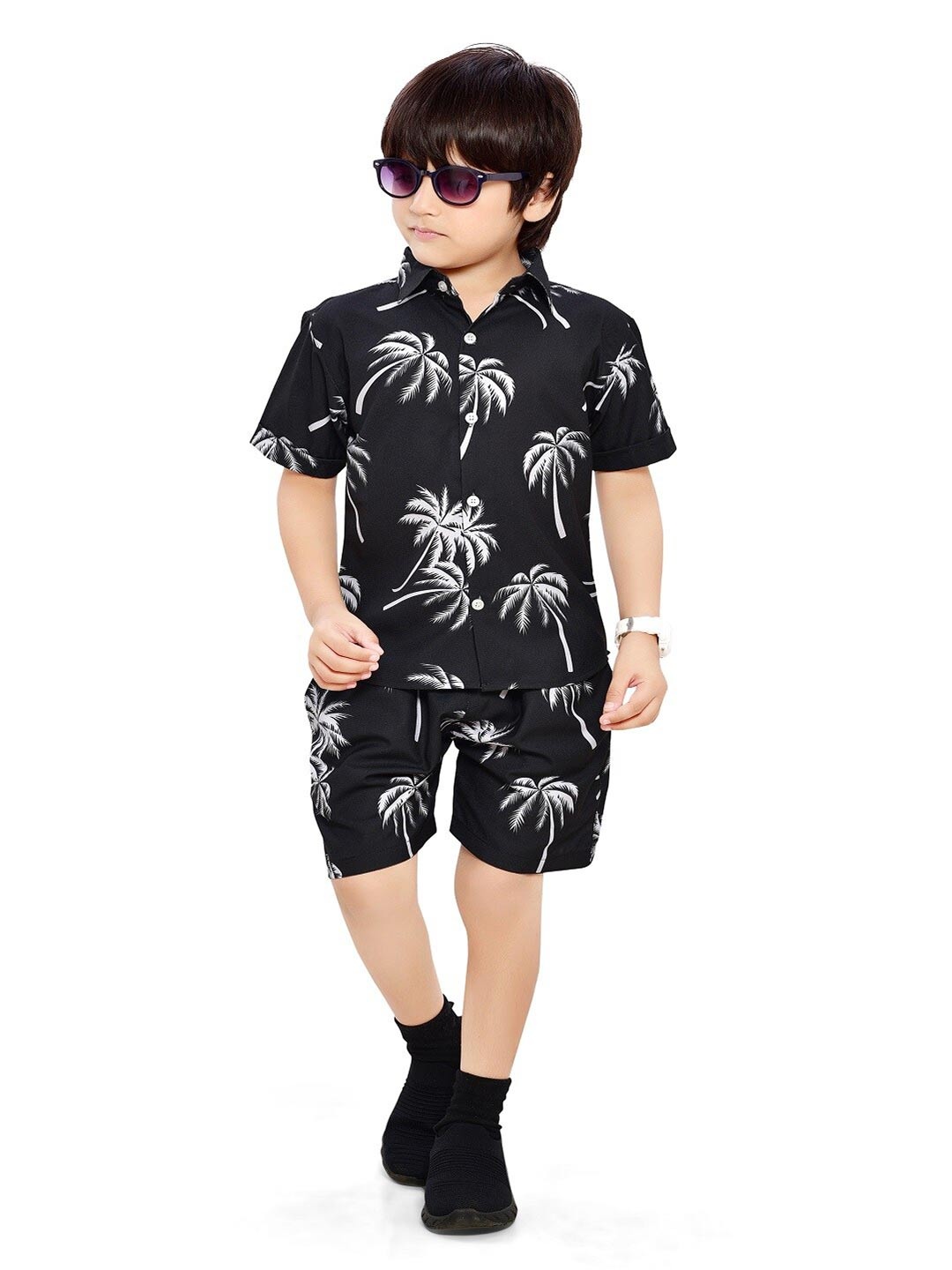 

BAESD Boys Printed Pure Cotton Shirt & Shorts, Black