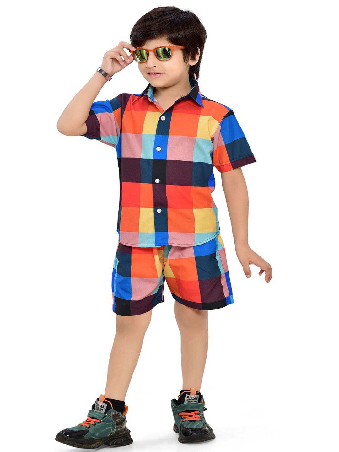 

BAESD Boys Checked Short Sleeves Cotton Shirt With Shorts, Red