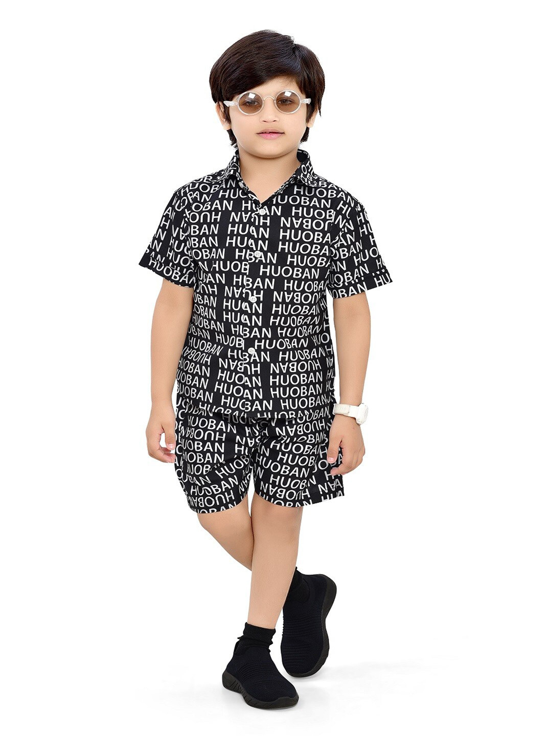

BAESD Boys Printed Shirt Collar Pure Cotton Clothing Set, Black