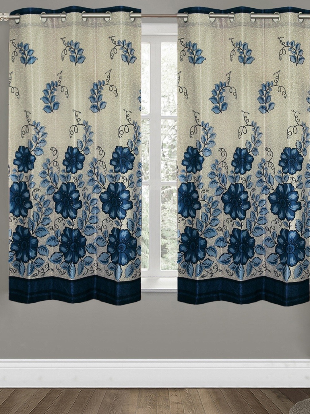 

Aura Blue 2 Pcs Floral Printed Window Curtain