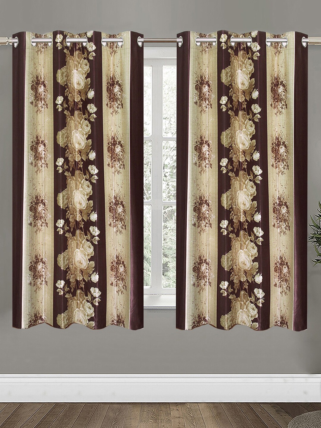 

Aura Brown & Beige 2Pcs Floral Room Darkening Window Curtain