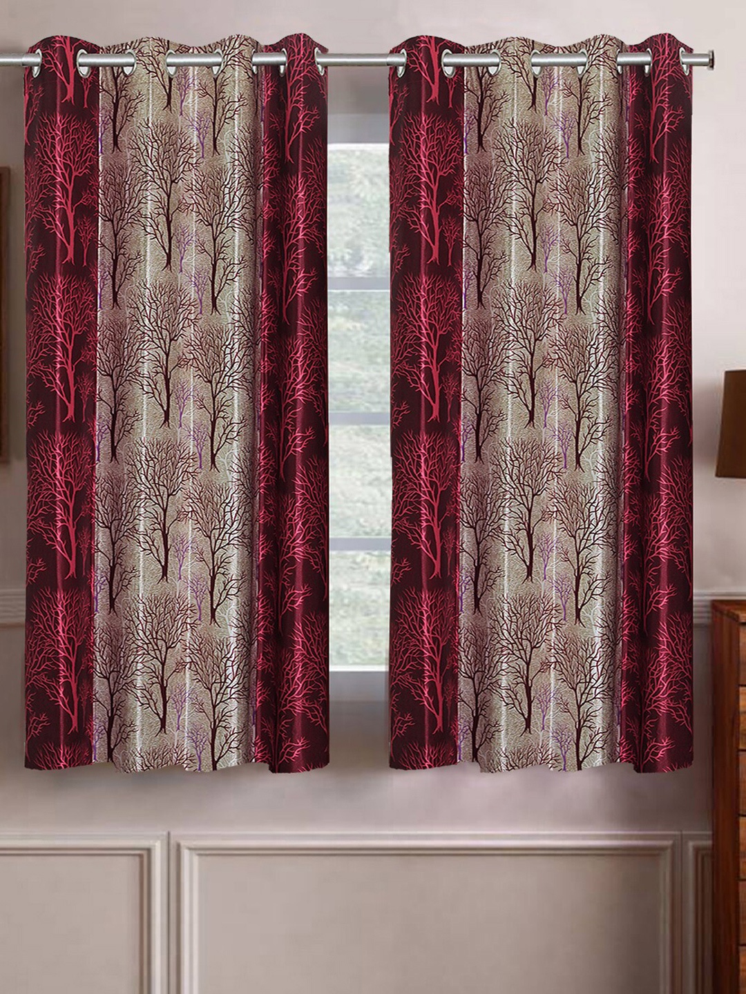 

Aura Maroon & White 2Pcs Floral Regular Window Curtain