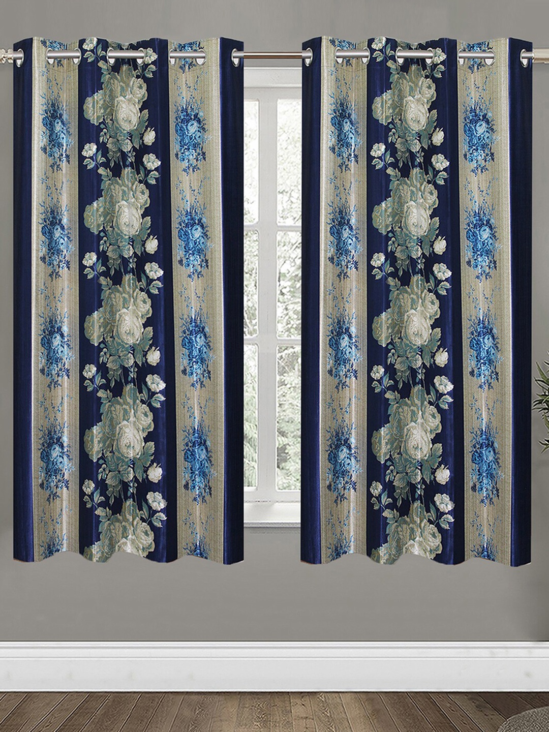 

Aura Blue & Beige 2Pcs Floral Room Darkening Window Curtain