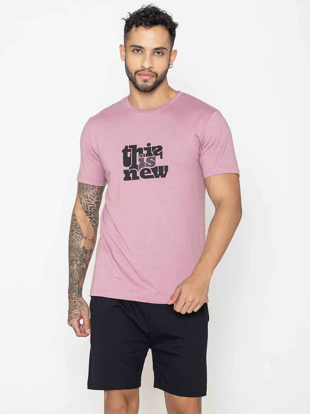 

Bonjour Men Pure Cotton Printed T-Shirt & Shorts Co-Ords Set, Pink