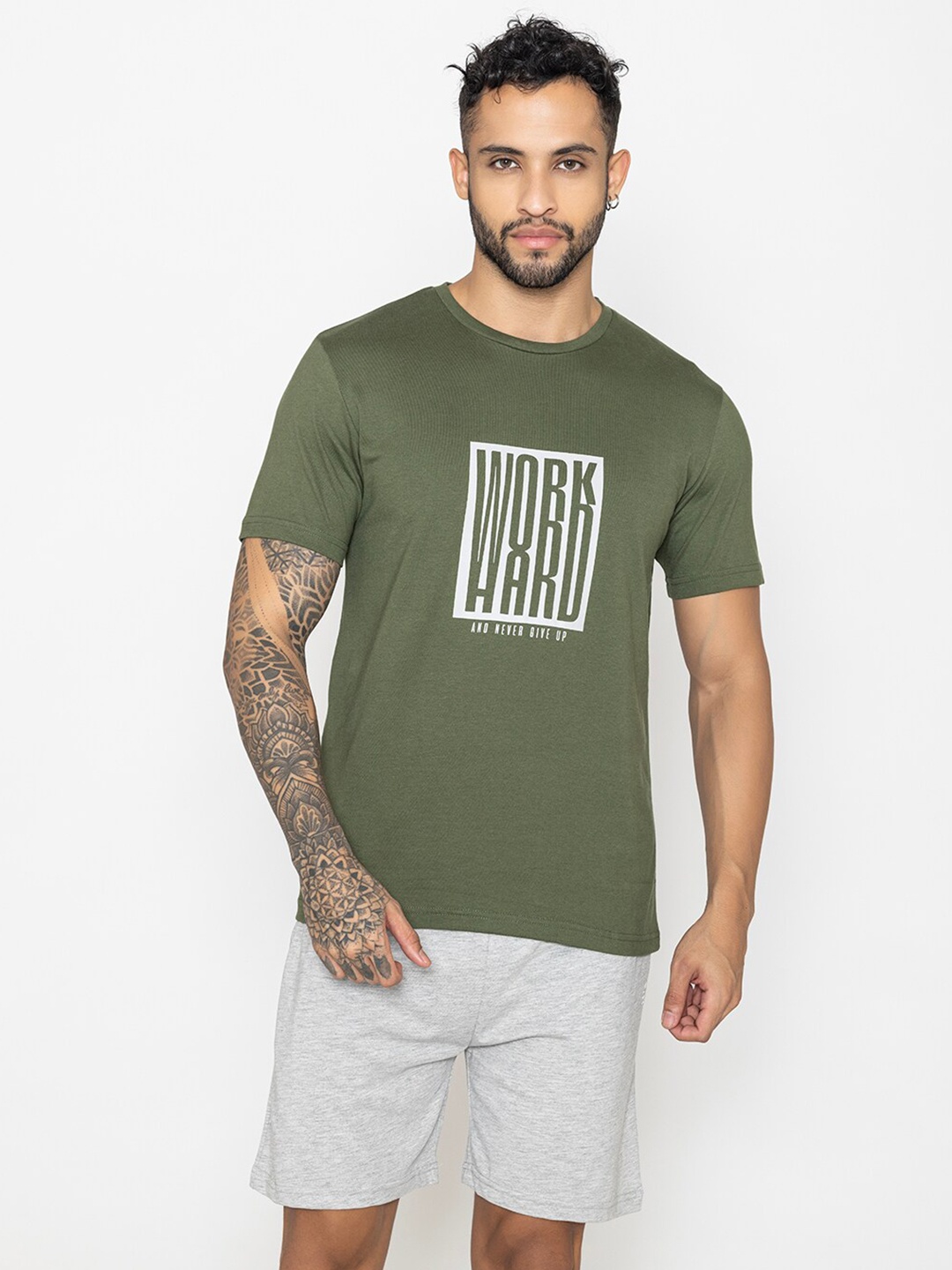 

Bonjour Typography Printed Pure Cotton T-shirt With Shorts, Olive