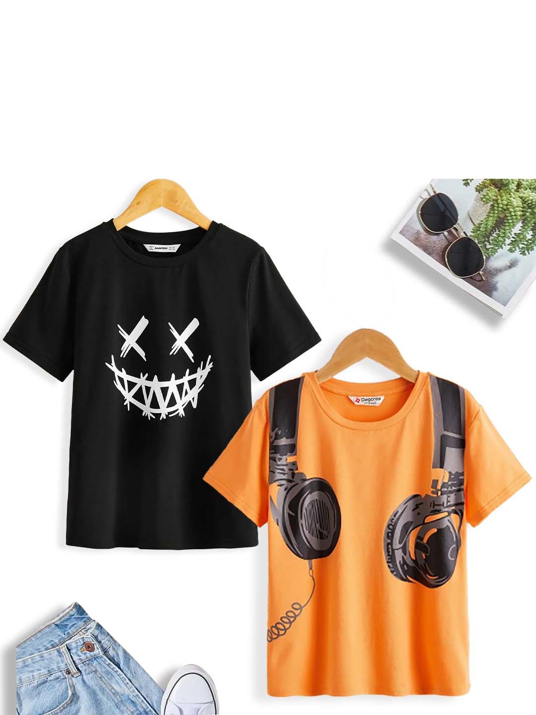 

BAESD Boys Pack Of 2 Printed Round Neck Short Sleeves Cotton Regular T-shirt, Black