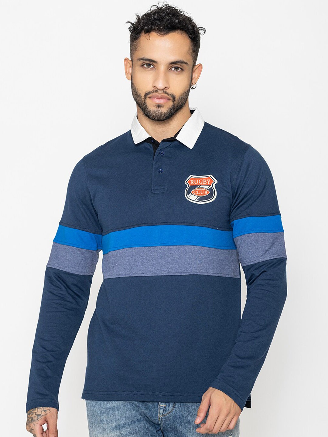 

Bonjour Striped Polo Collar Casual T-shirt, Navy blue