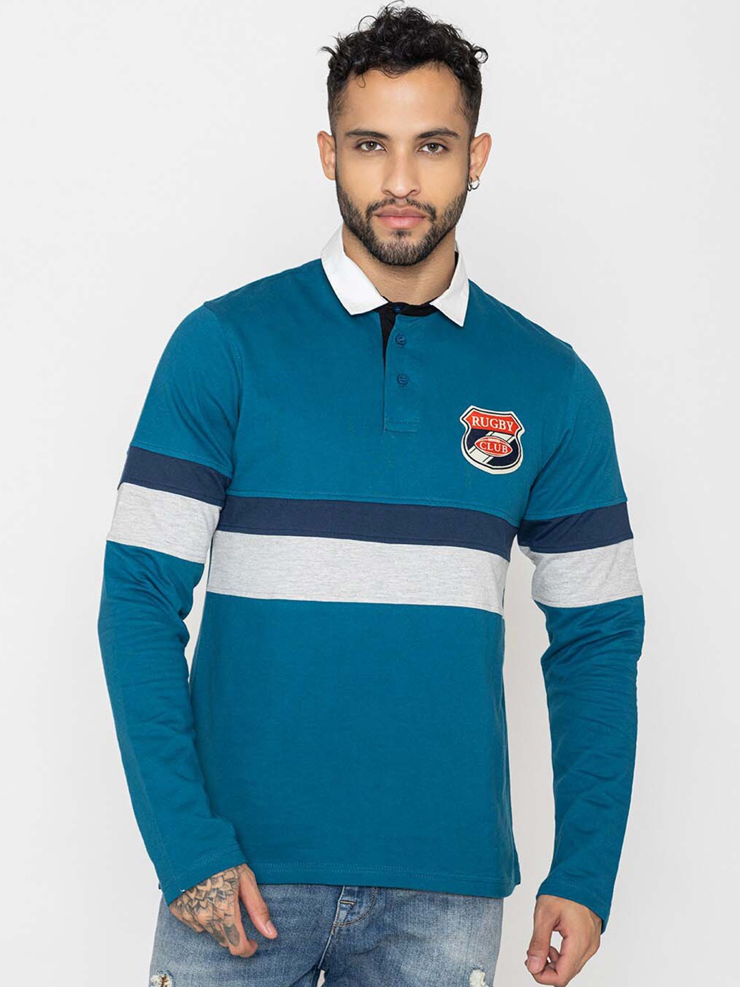 

Bonjour Striped Polo Collar Casual T-shirt, Blue