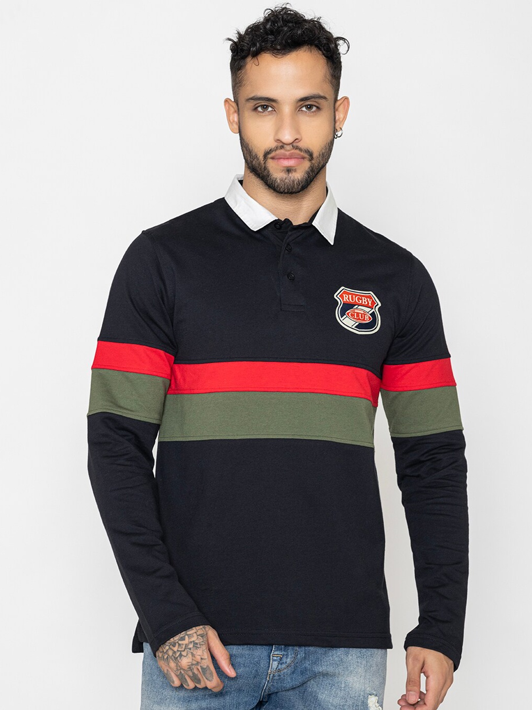 

Bonjour Striped Polo Collar Casual T-shirt, Black