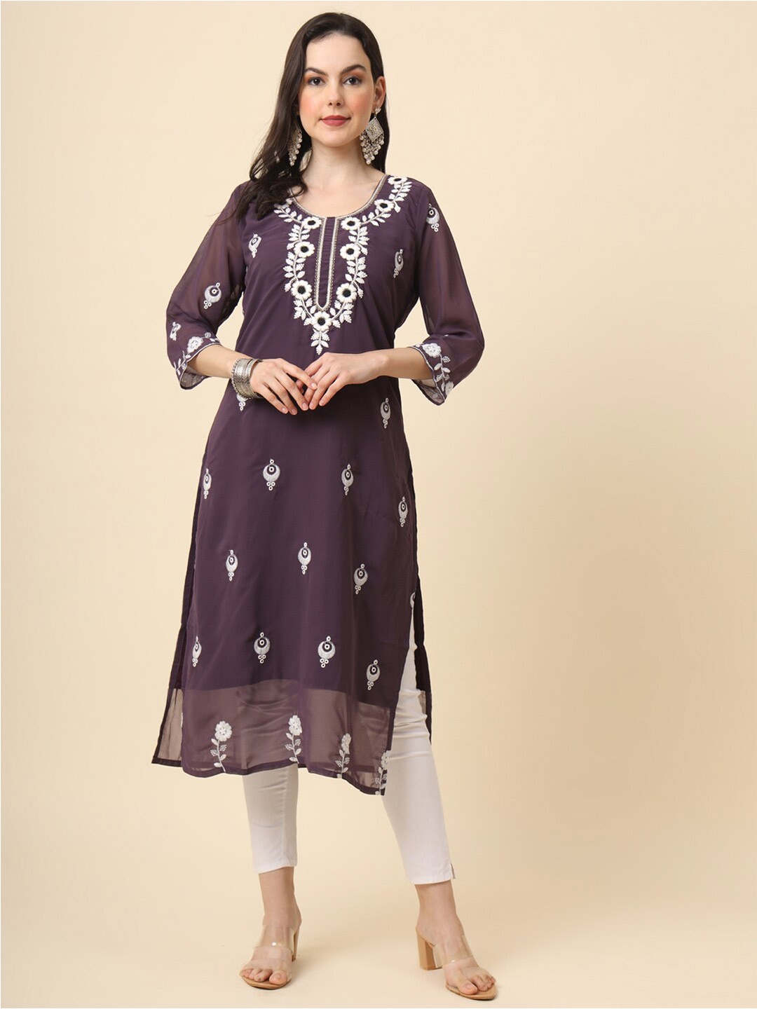 

VAIRAGEE Ethnic Motifs Embroidered Straight Kurta, Lavender
