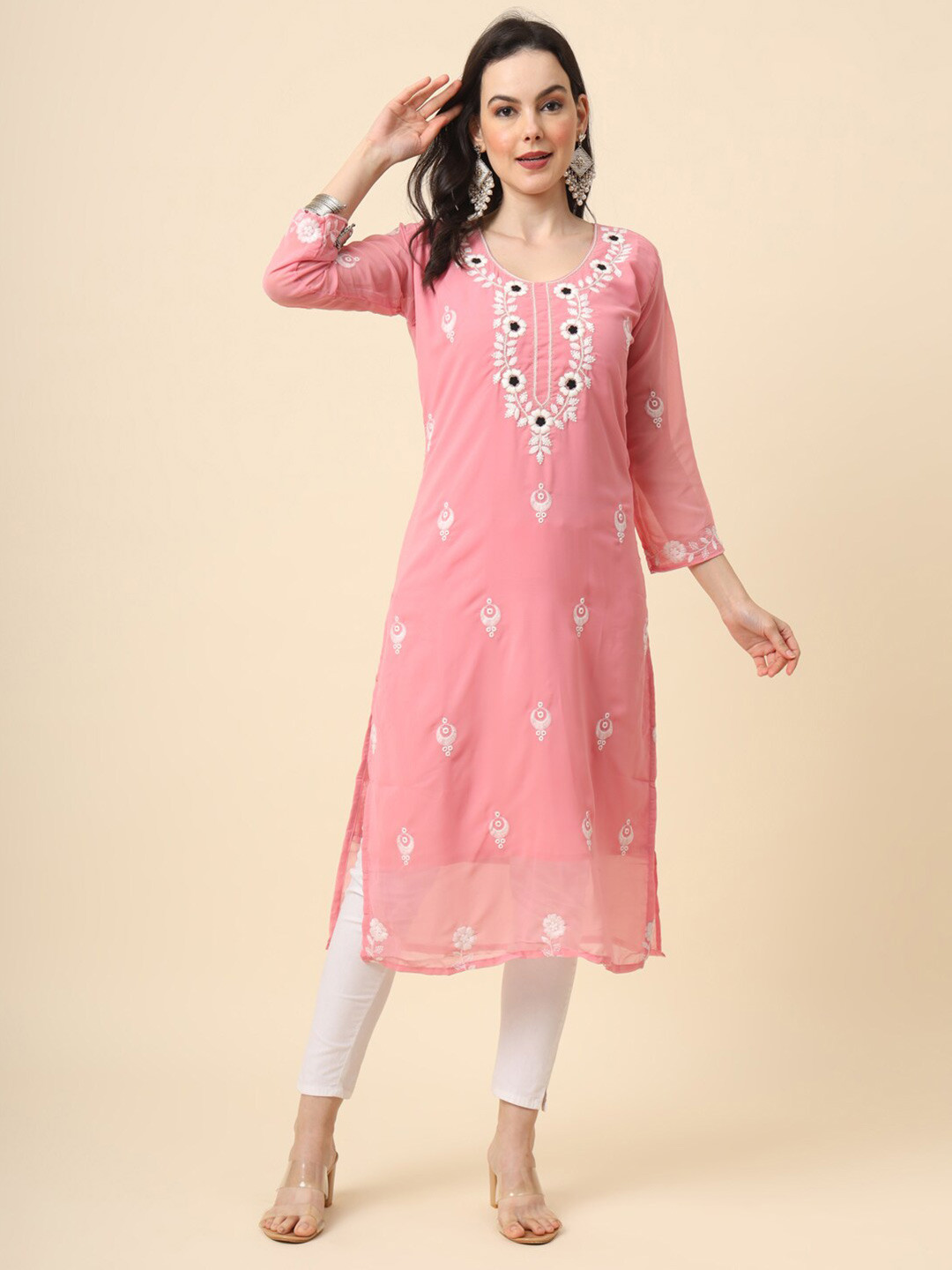 

VAIRAGEE Ethnic Motifs Embroidered Thread Work Georgette Kurta, Pink