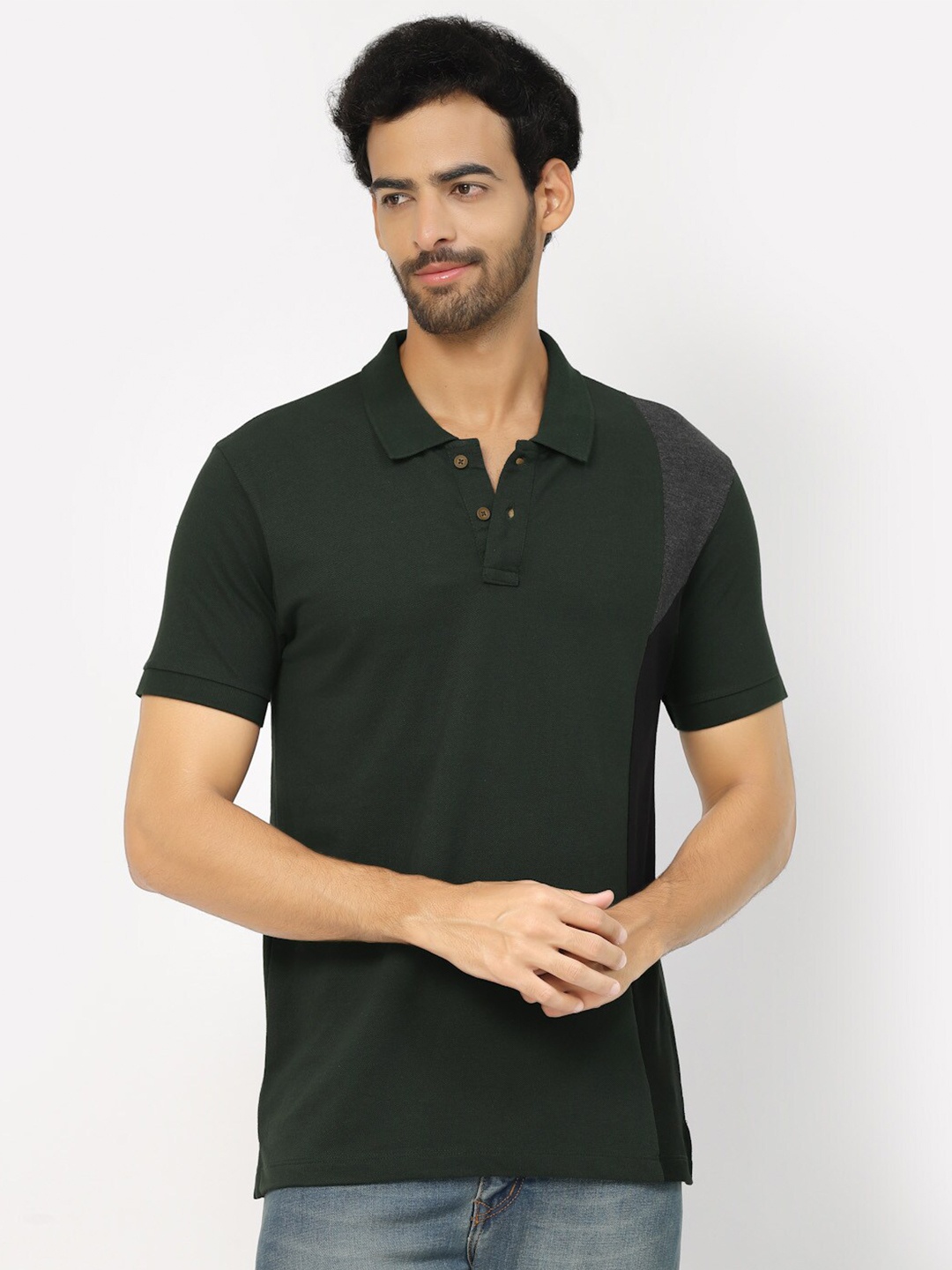 

Kalt Men Green Polo Collar Pockets Short Sleeves Cotton T-shirt