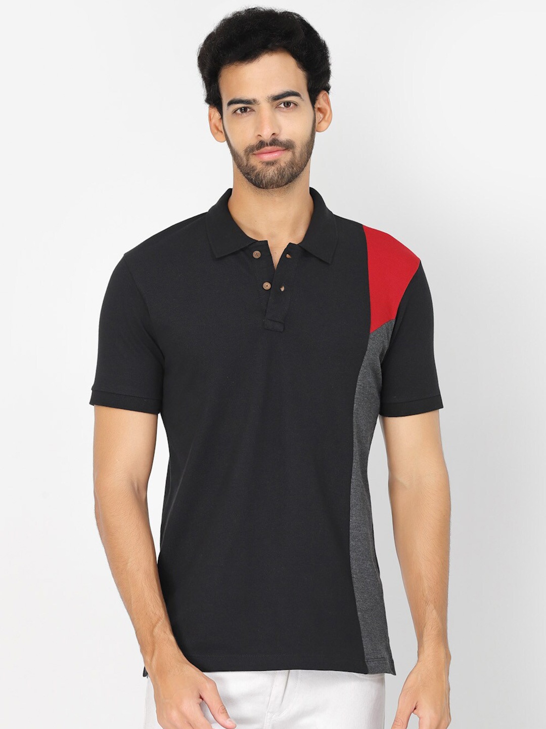 

Kalt Polo Collar Pockets Short Sleeves Cotton T-shirt, Black