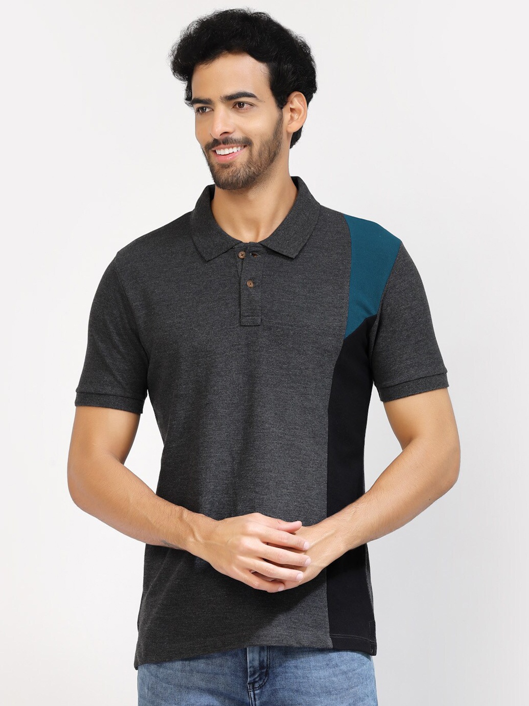 

Kalt Colourblocked Polo Collar Casual T-shirt, Charcoal