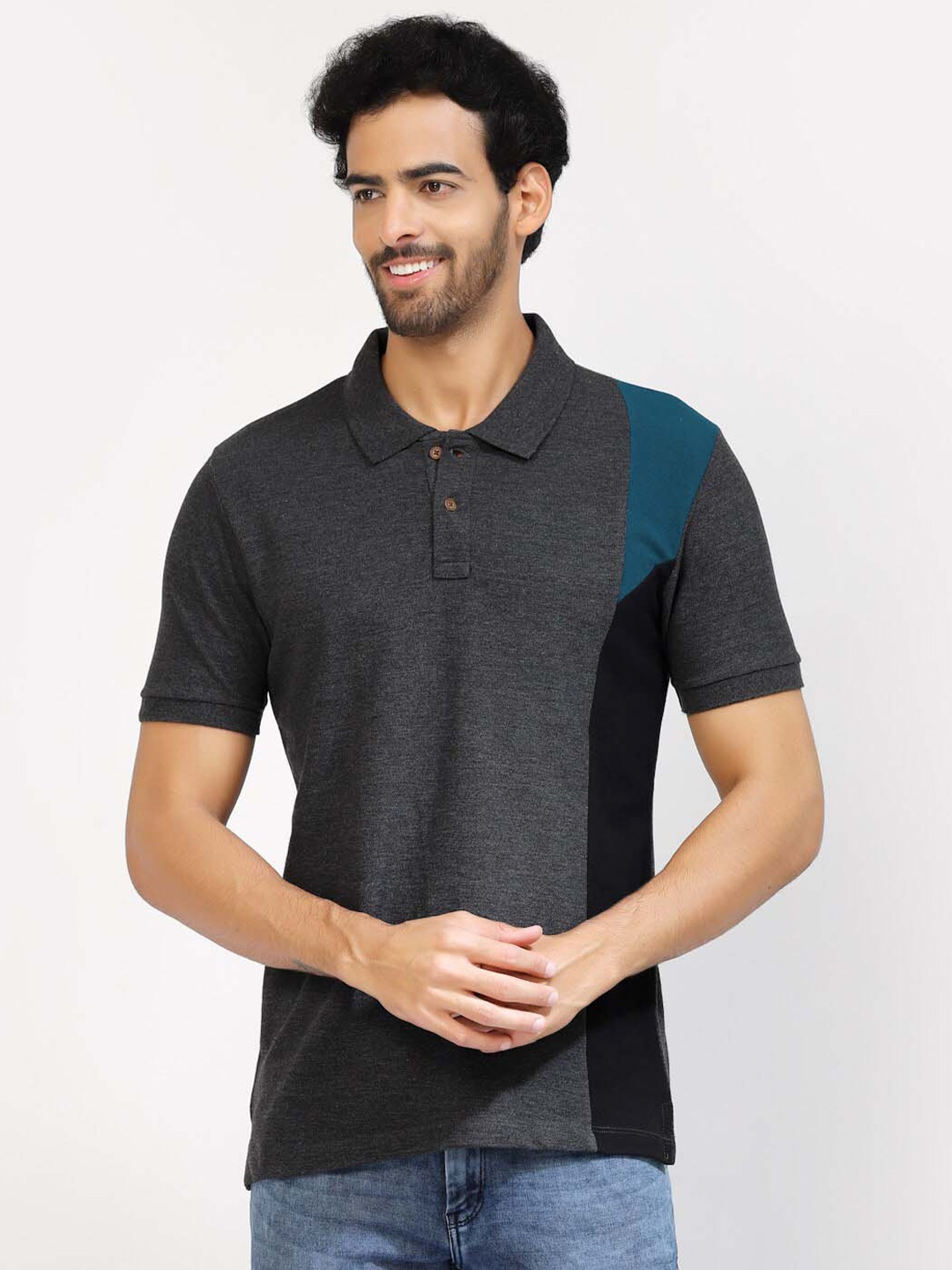 

Kalt Colourblocked Polo Collar Casual T-shirt, Charcoal