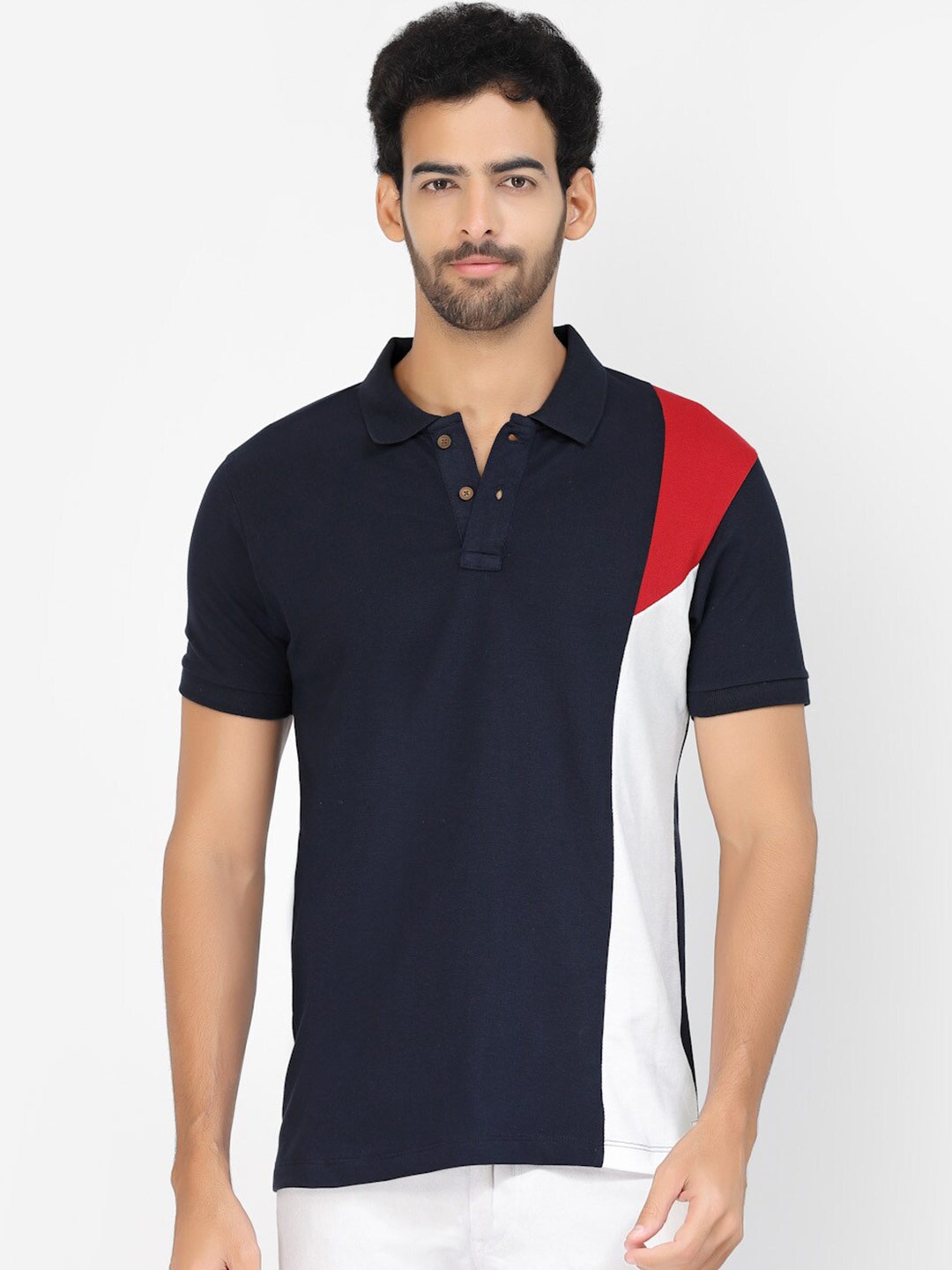 

Kalt Colourblocked Polo Collar Casual T-shirt, Navy blue