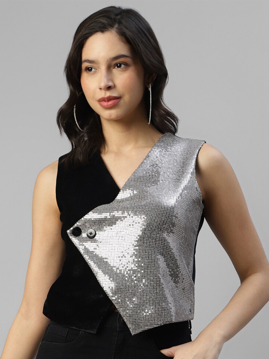 

DEEBACO Embellished Sequin Net Waistcoat, Black