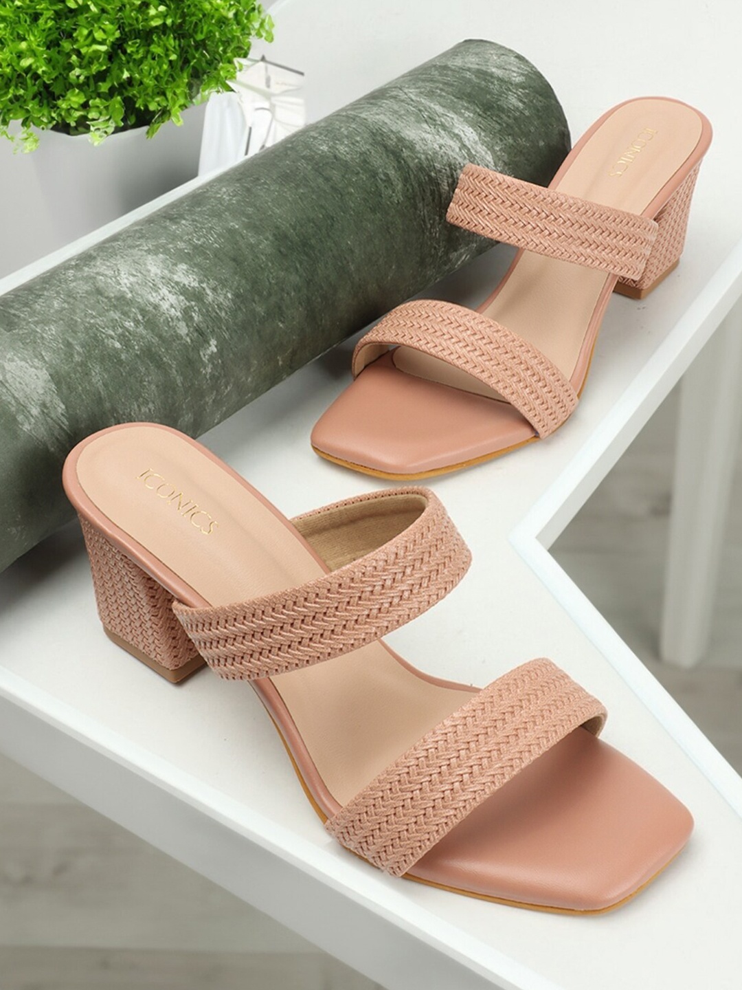 

ICONICS Textured Open Toe Block Heels, Peach