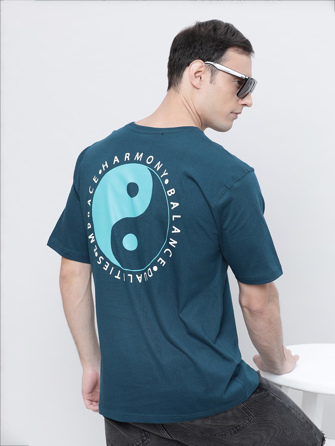 

Kryptic Typography Printed Round Neck Drop Shoulder Pure Cotton Oversized T-shirt, Teal