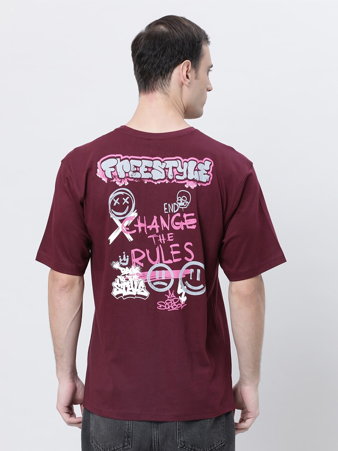 

Kryptic Typography Printed Round Neck Drop Shoulder Pure Cotton Oversized T-shirt, Burgundy