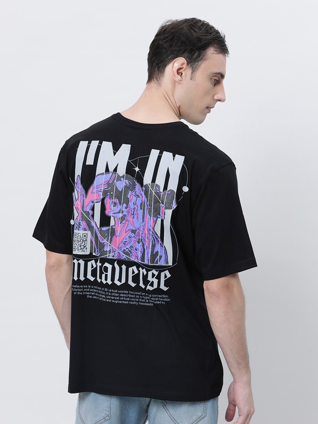 

Kryptic Typography Printed Drop Shoulder Pure Cotton Oversized T-shirt, Black