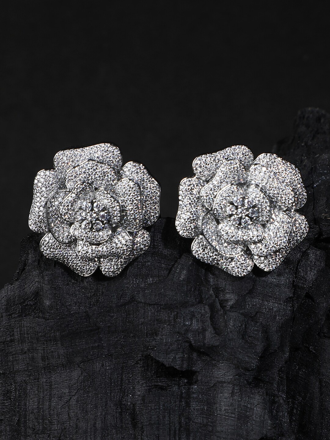 

House of Pataudi Rhodium-Plated American Diamond-Studded Studs Earrings, Silver