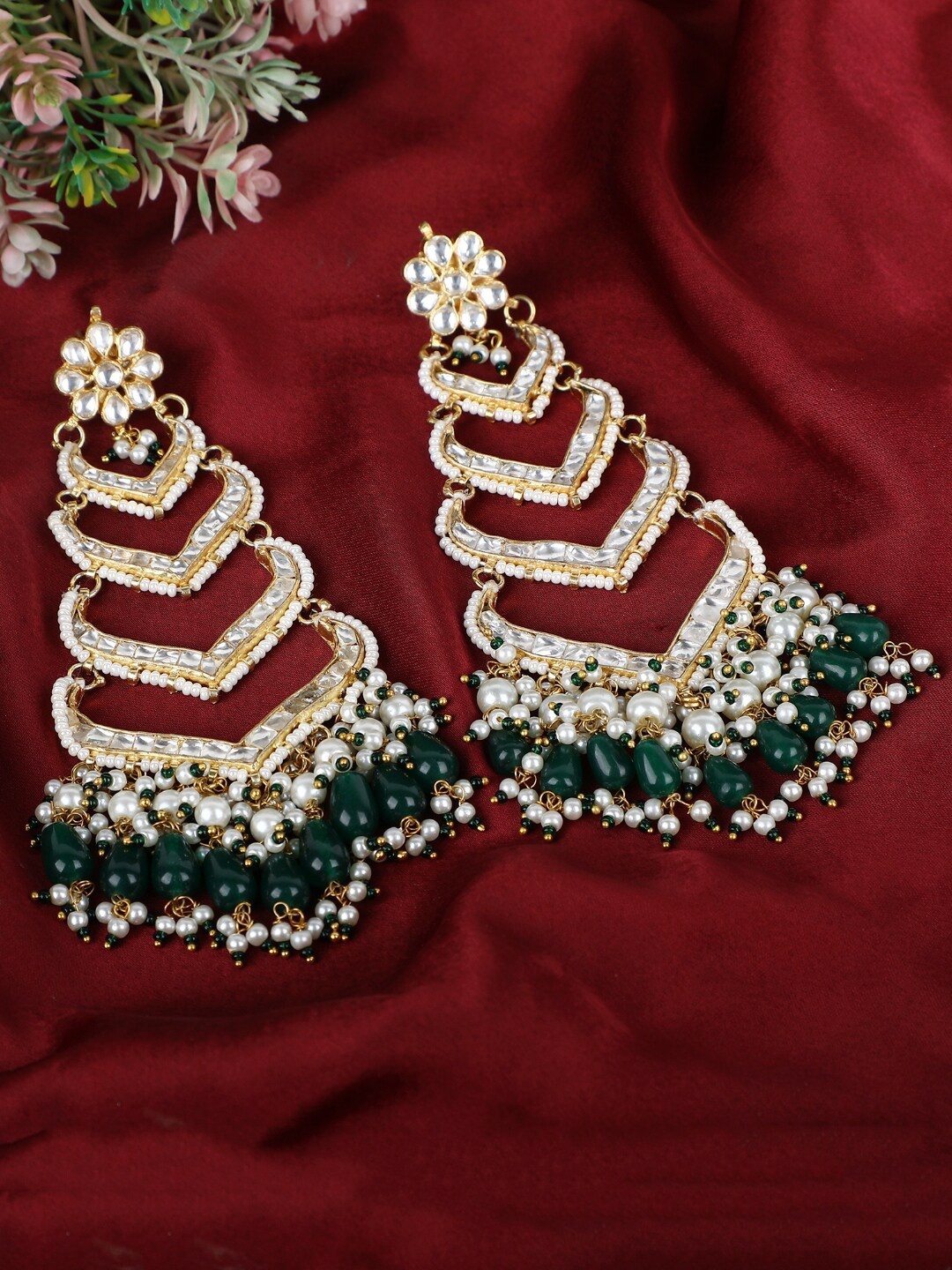 

House of Pataudi Gold-Plated Kundan-Studded & Beaded Drop Earrings