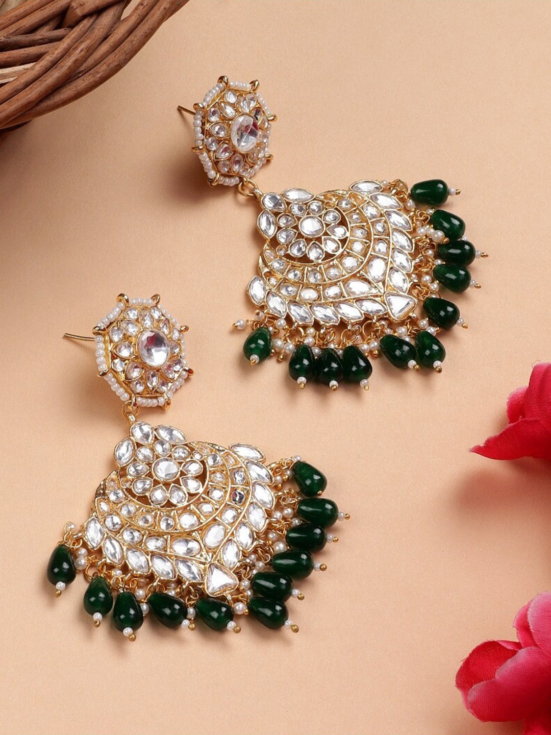 

House of Pataudi Gold-Plated Kundan-Studded & Beaded Drop Earrings