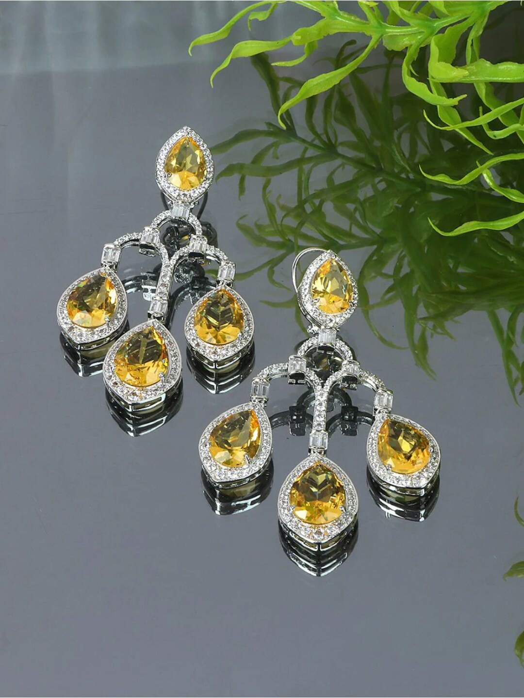

House of Pataudi Rhodium-Plated American Diamond -Studded Drop Earrings, Silver