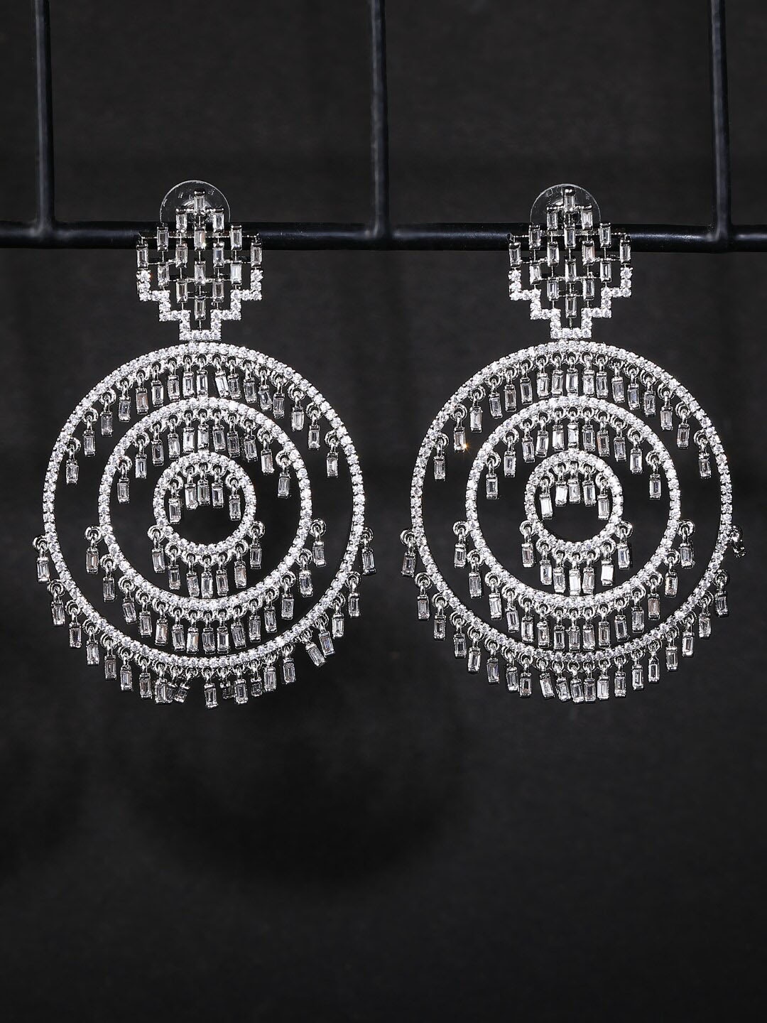 

House of Pataudi Rhodium-Plated American Diamond-Studded Drop Earrings, Silver