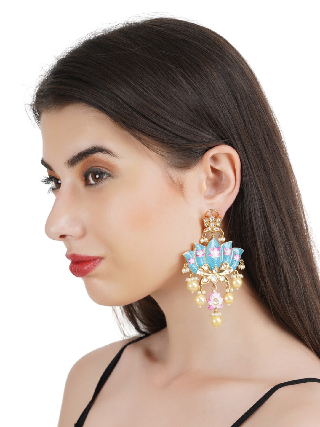

House of Pataudi Gold-Plated Kundan-Studded & Beaded Drop Earrings
