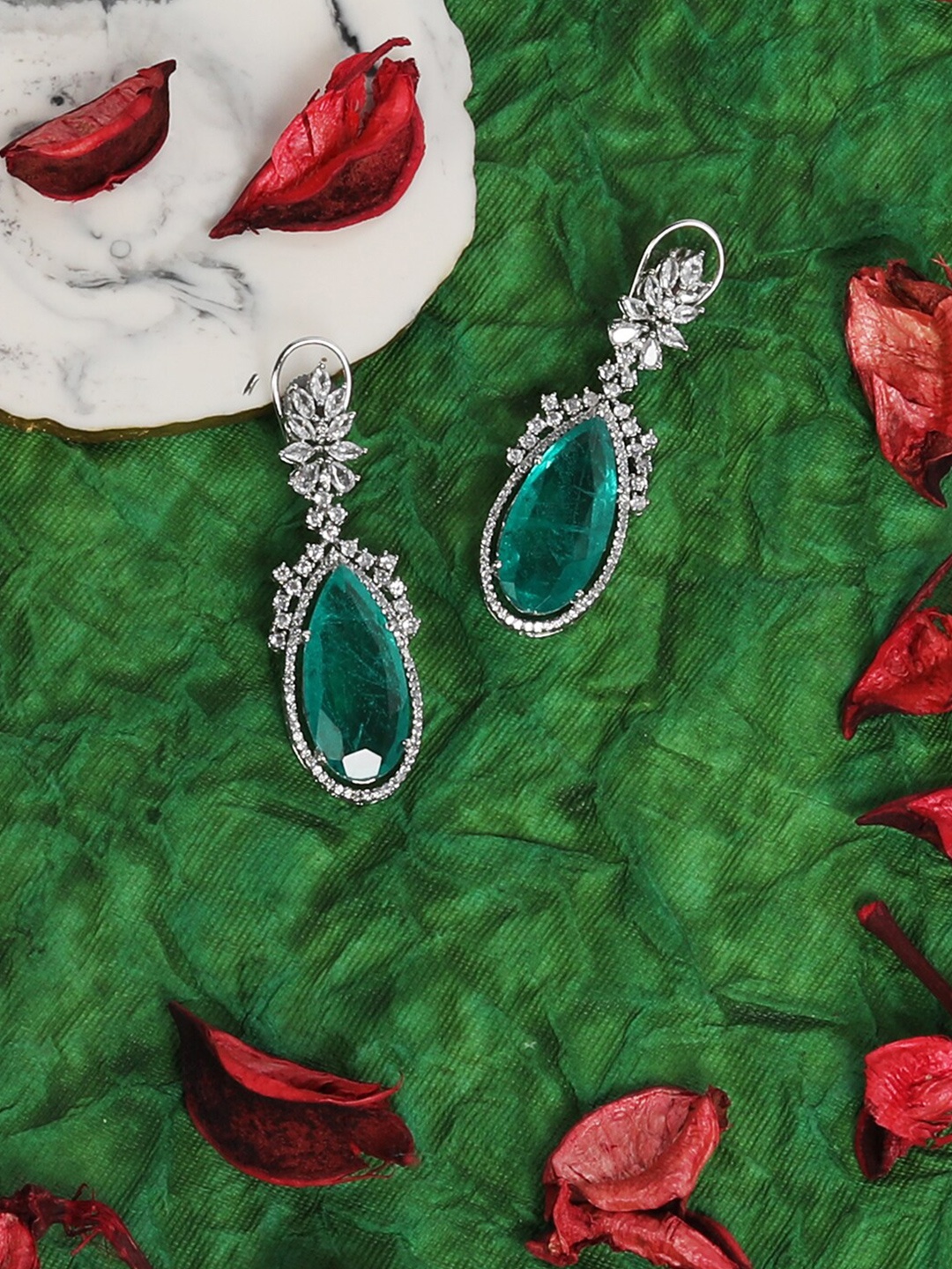 

House of Pataudi Rhodium-Plated American Diamond-Studded Drop Earrings, Silver