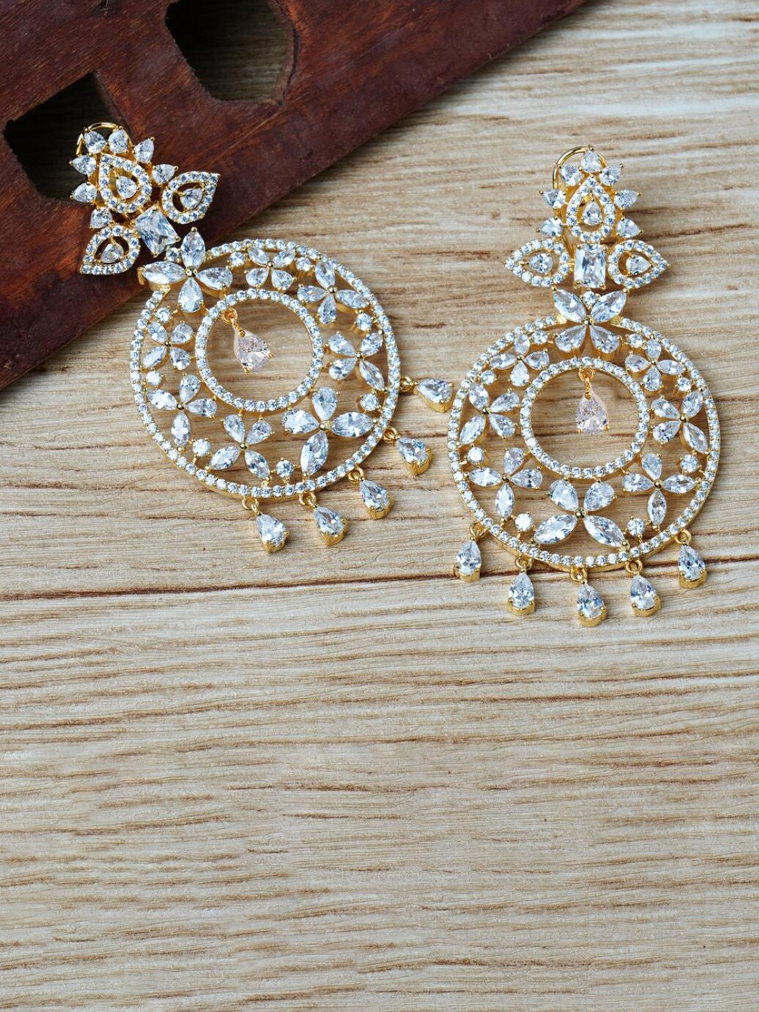 

House of Pataudi Rhodium-Plated AD-Studded Chandbalis, Silver