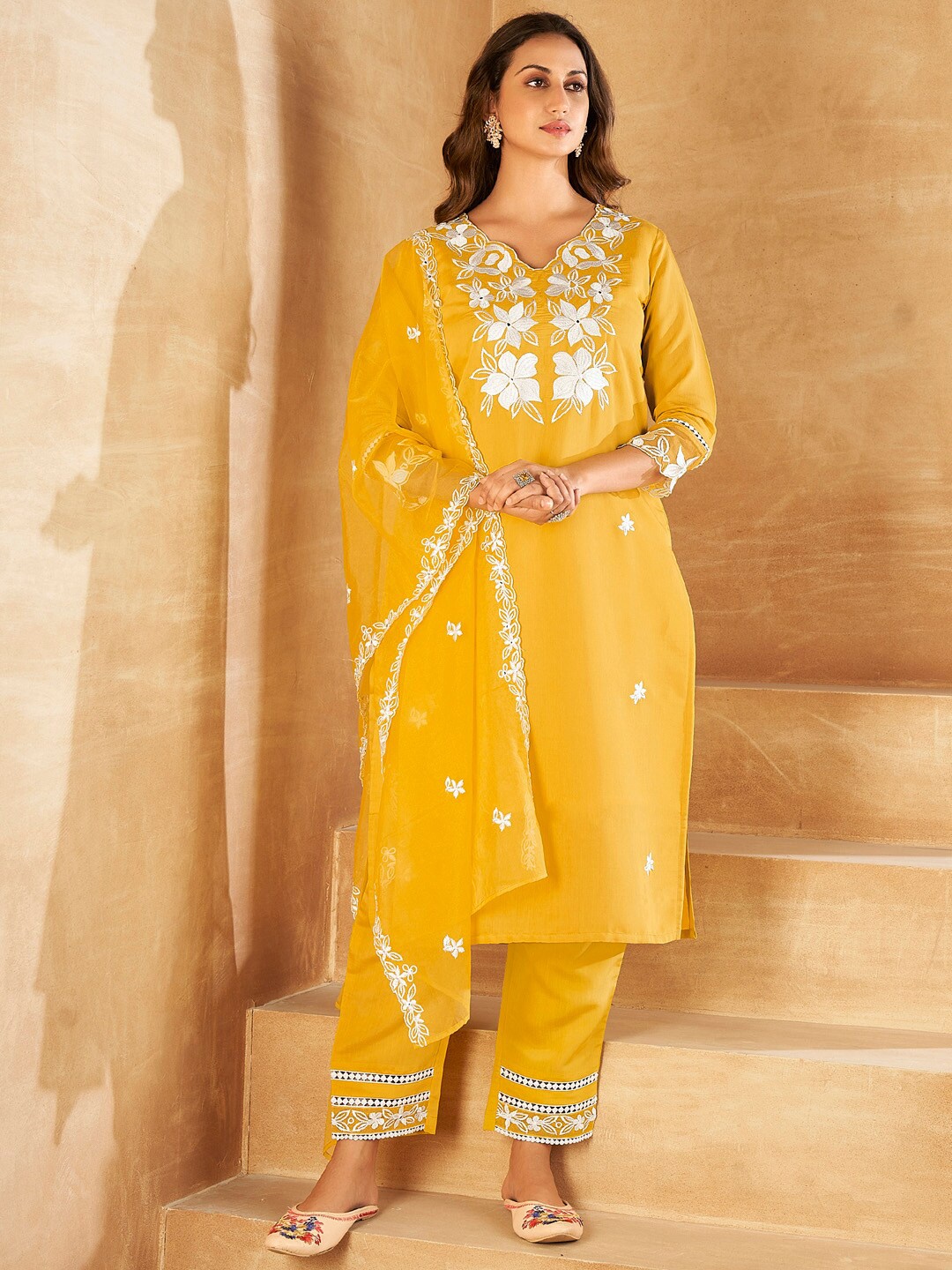 

Indo Era Floral Embroidered V-neck Regular Thread Work Kurta with Trousers & With Dupatta, Yellow